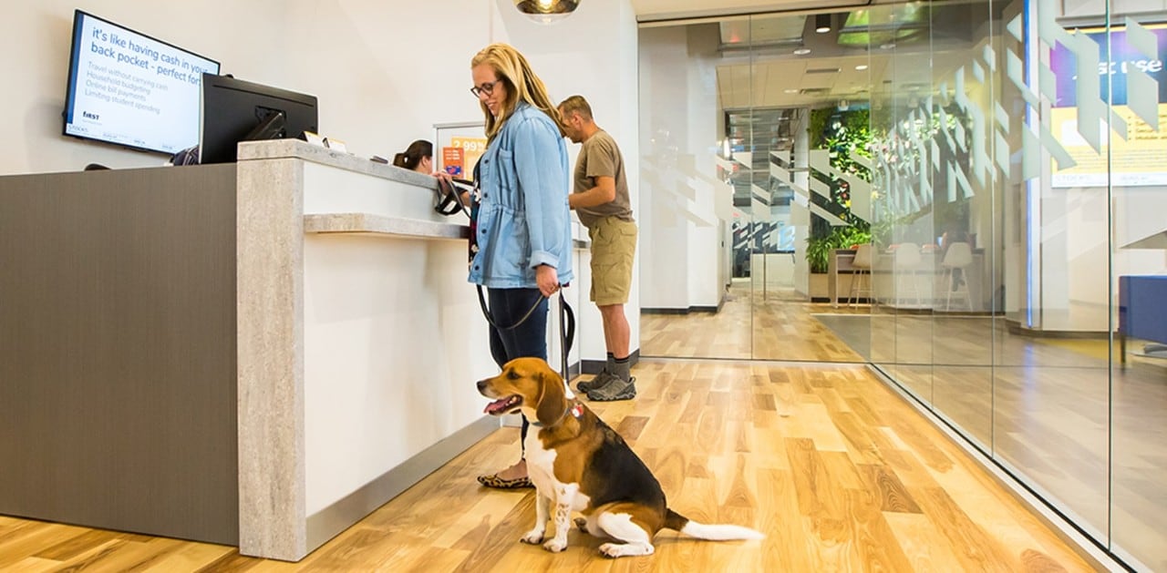 First Financial Bank client with dog inside 4th & Vine banking centerr