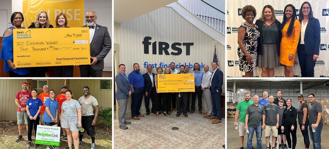 Collage of First Financial associates participating in community development activities