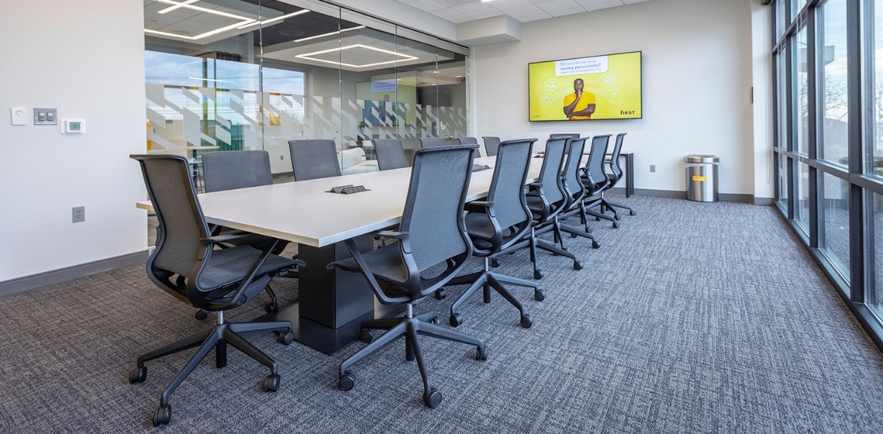 Interior of a conference room at First Financial Bank's Mason, OH innovation center