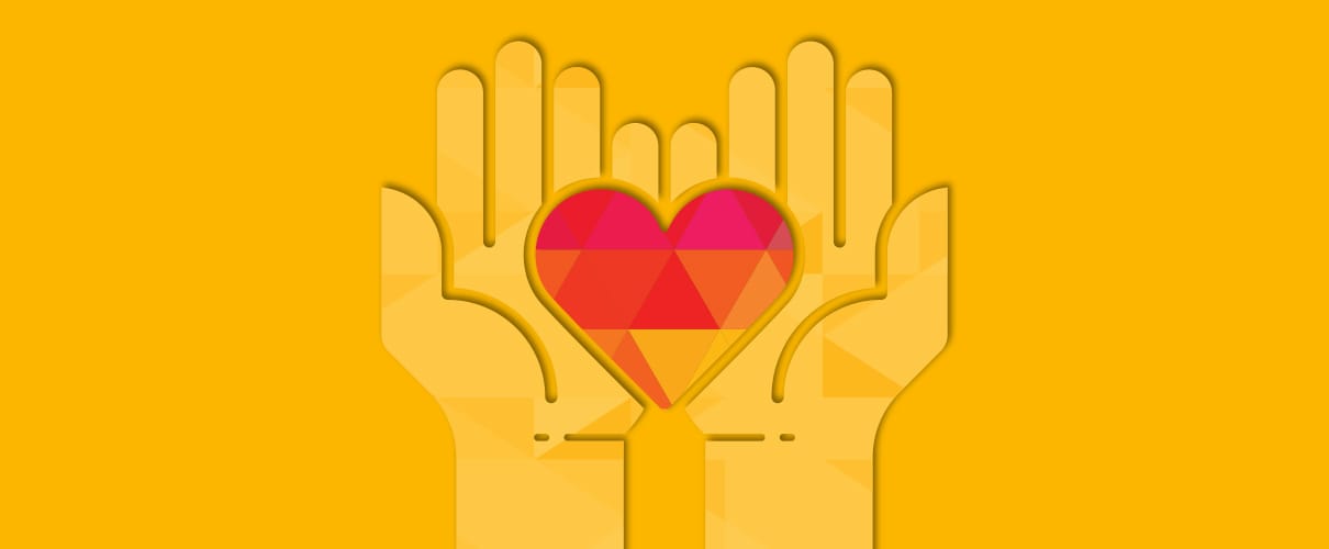 Illustration of two outstretched hands holding a heart on a yellow background