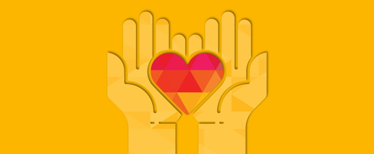 Illustration of two outstretched hands holding a heart on a yellow background