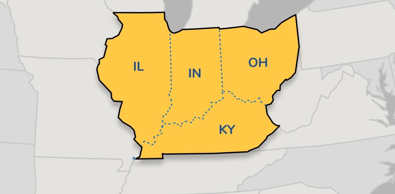 Illustrated regional map with OH, KY, IN, and IL in the foreground