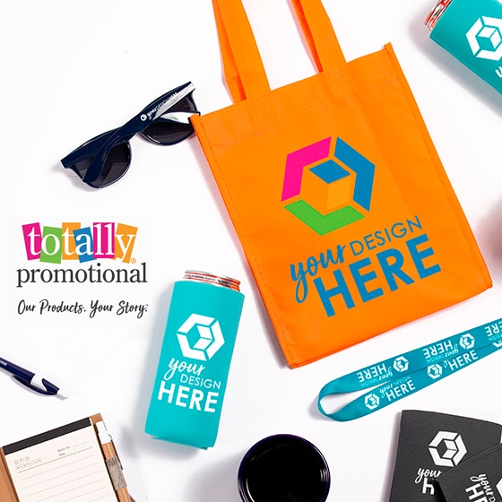 Totally Promotional logo surrounded by sunglasses, tote bag, pen and paper, can koozie and other promotional items