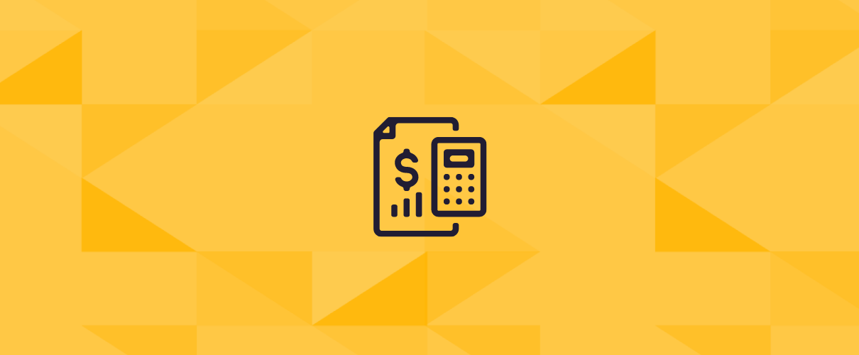 Black illustration of a financial document and a calculator on a gold tessellated background