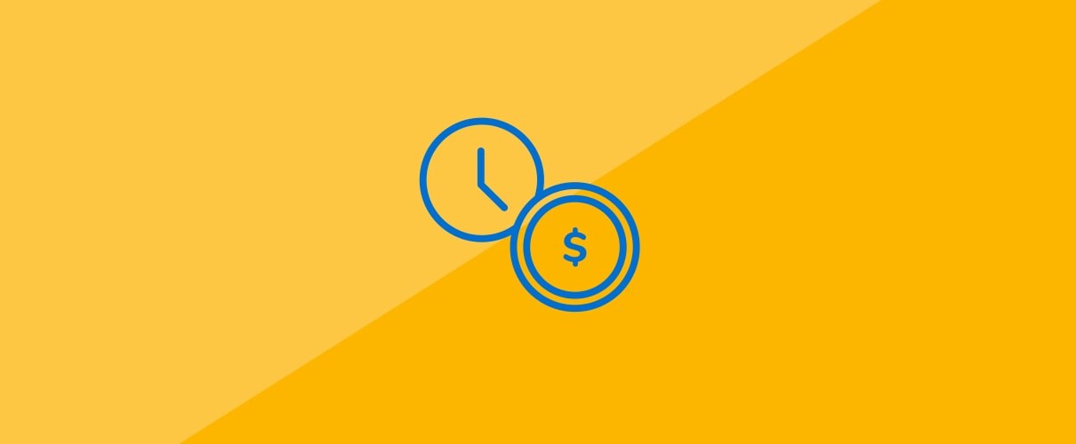 Blue illustration of clock and coin on yellow background