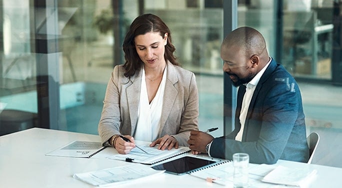 Two colleagues reviewing a financial plan