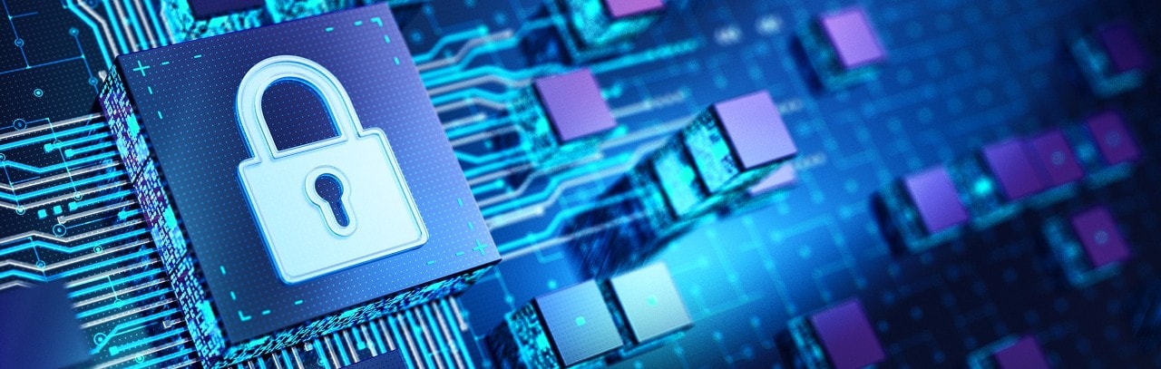 Image of a digital padlock and computer circuits
