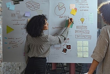 Female executive writing on a whiteboard