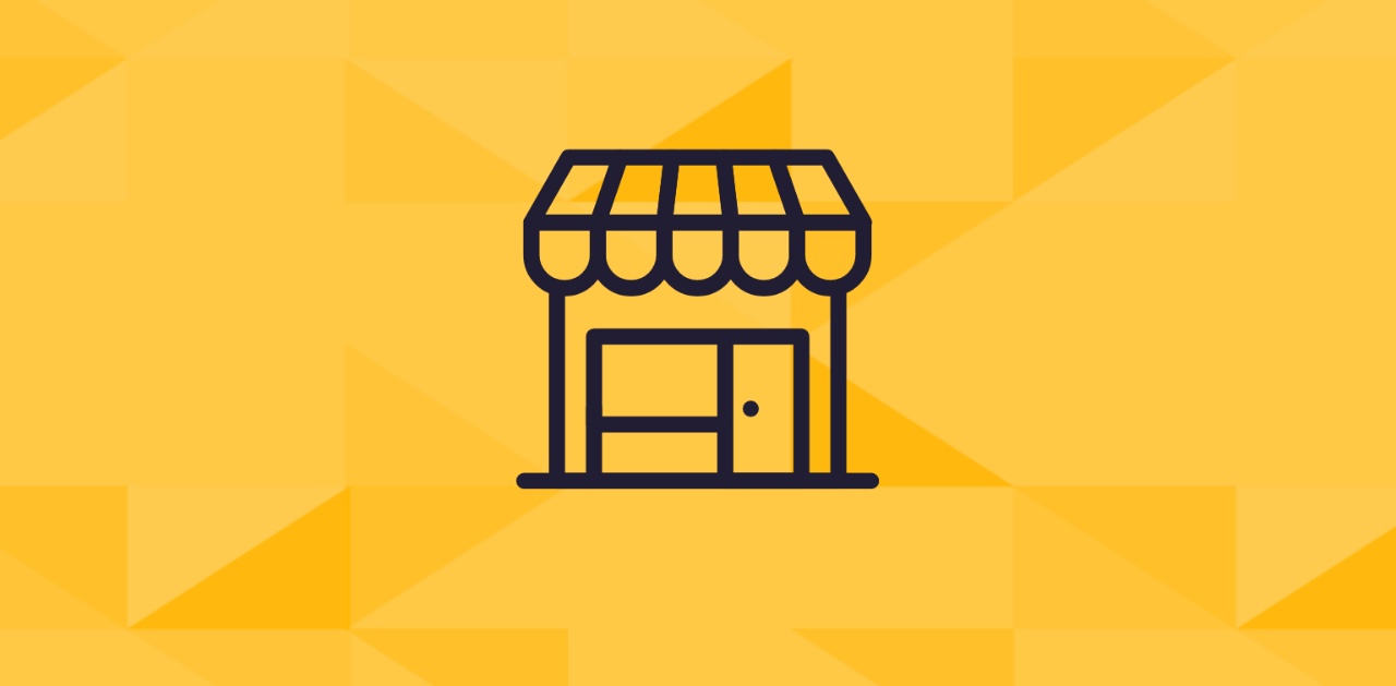 Black illustration of a small business storefront on a gold tessellated background