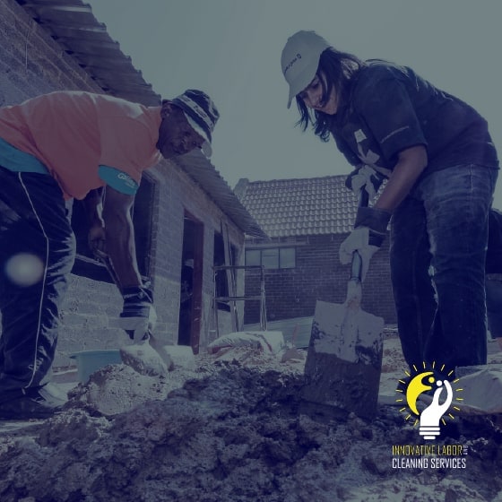 People doing construction work with Innovative Labor and Cleaning Services logo in foreground