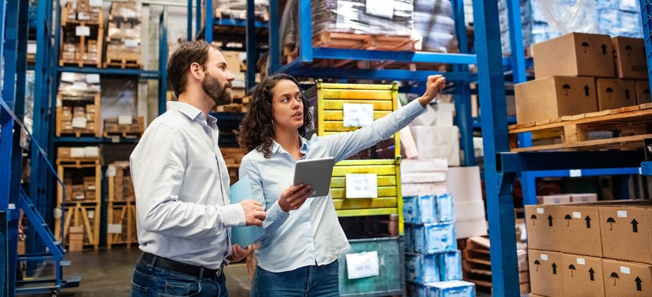 Female plant manager reviewing inventory with financial advisor