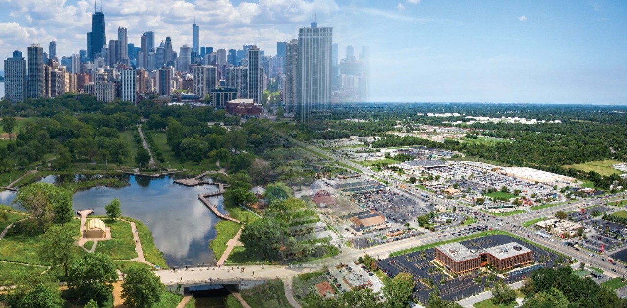 Images of the Chicago skyline and Northwest Indiana blending together with a gradient