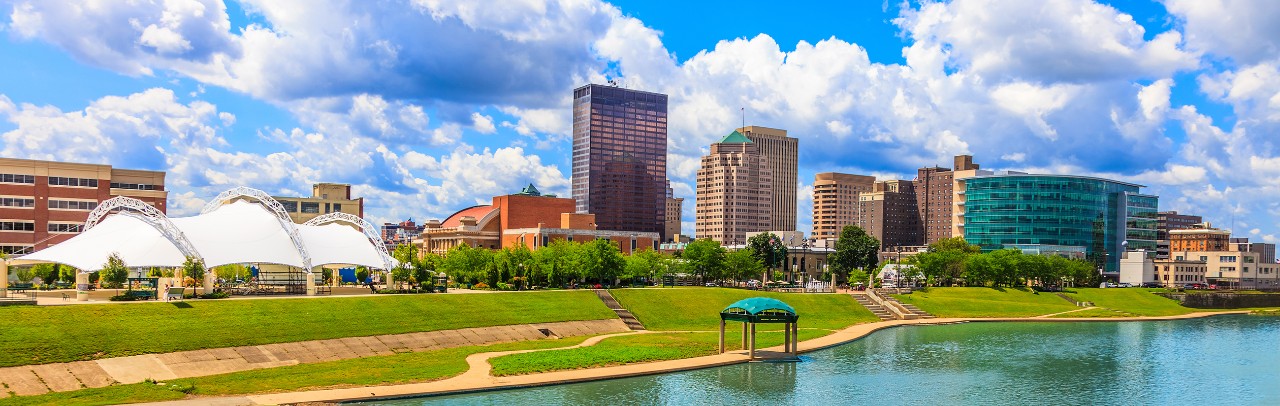 Dayton skyline with Miami River, Ohio