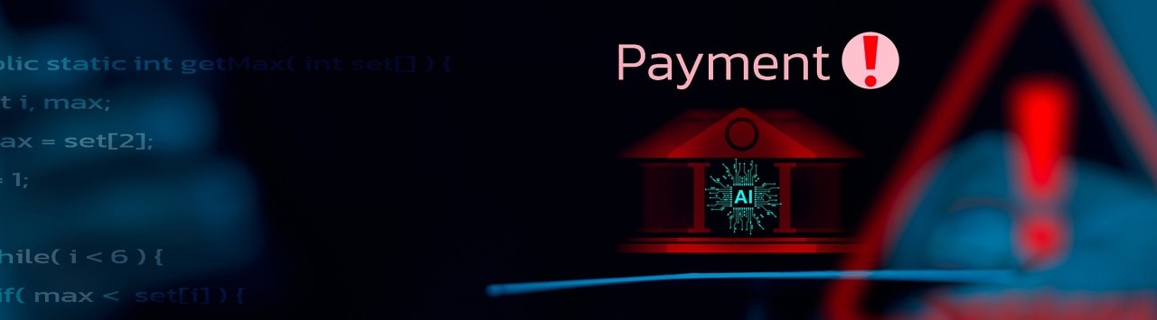 A red and blue digital projection displaying the word "Payment!" prominently.