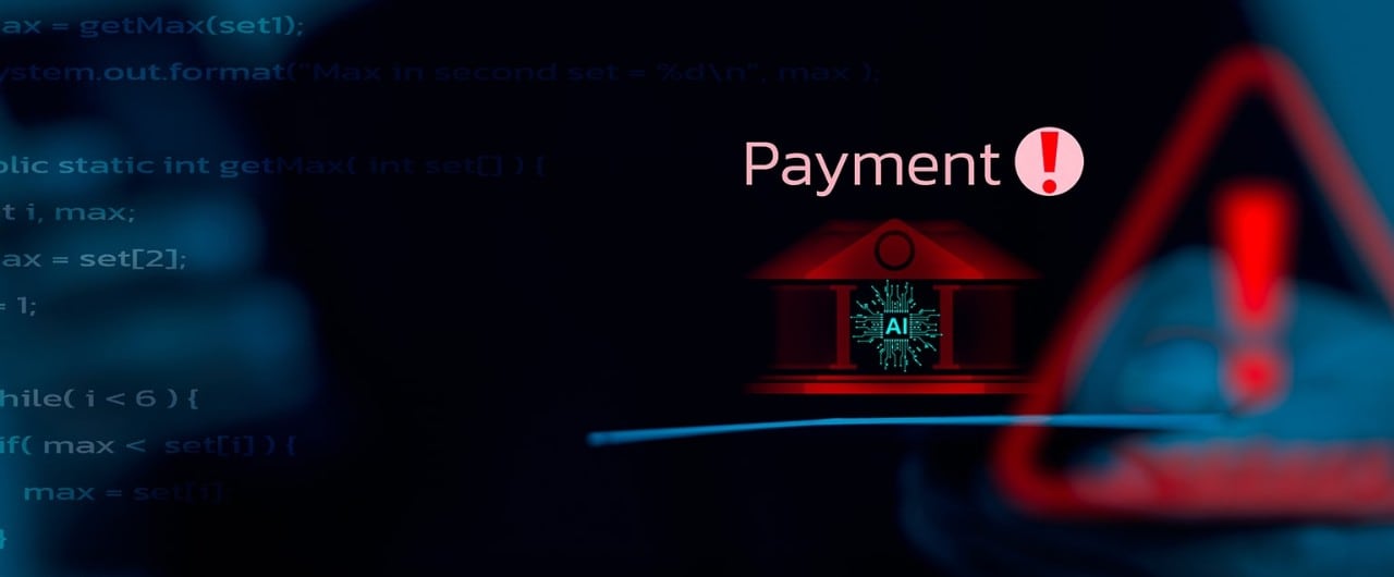 A red and blue digital projection displaying the word "Payment!" prominently.