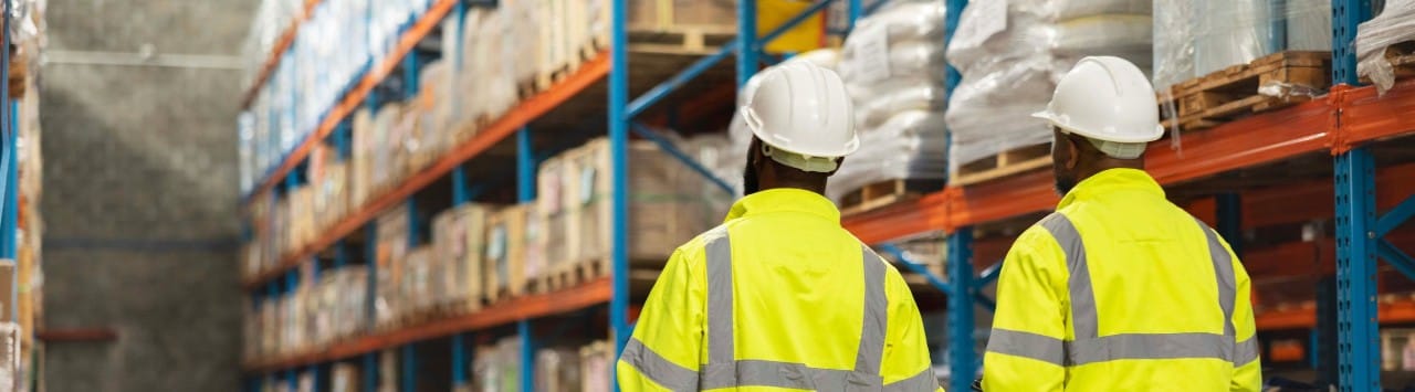Two workers wearing white hard hats and hi-visibility jackets in a warehouse