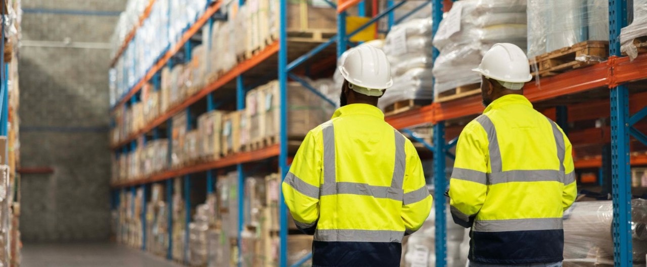 Two workers wearing white hard hats and hi-visibility jackets in a warehouse