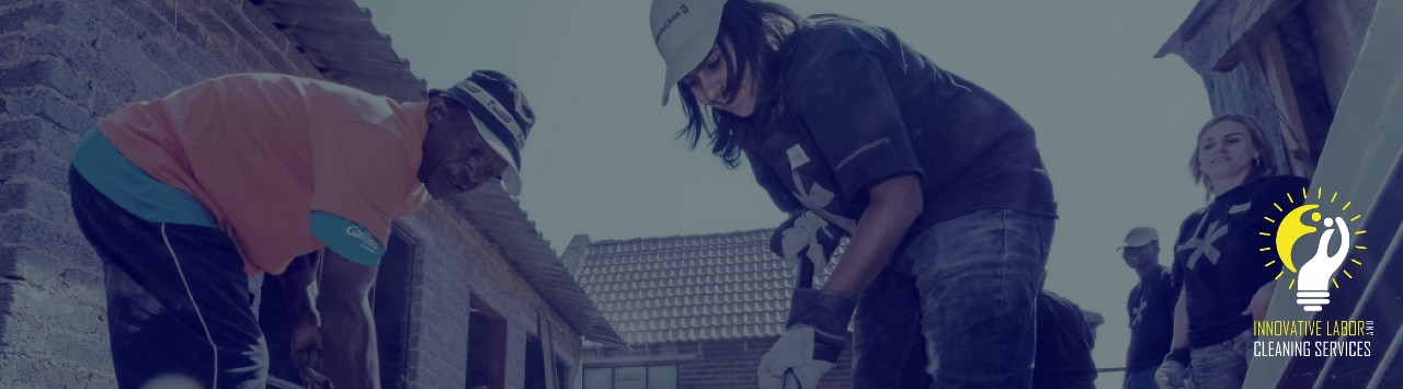 People doing construction work with Innovative Labor and Cleaning Services logo in foreground