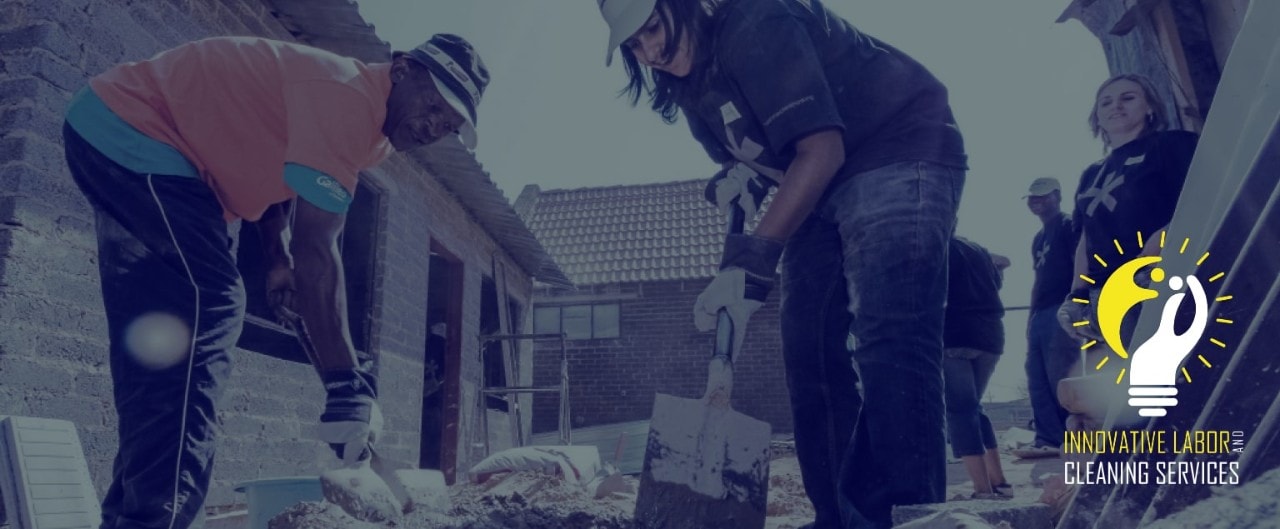 People doing construction work with Innovative Labor and Cleaning Services logo in foreground