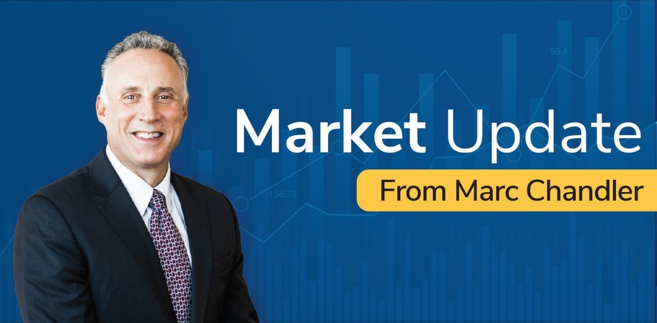 Marc Chandler headshot on a blue background with stock market graph illustration 