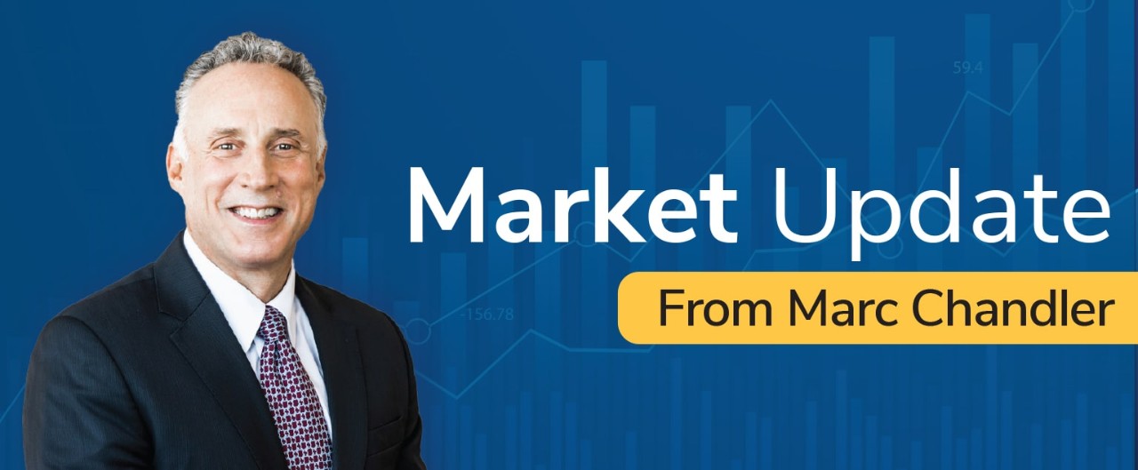 Marc Chandler headshot on a blue background with stock market graph illustration 