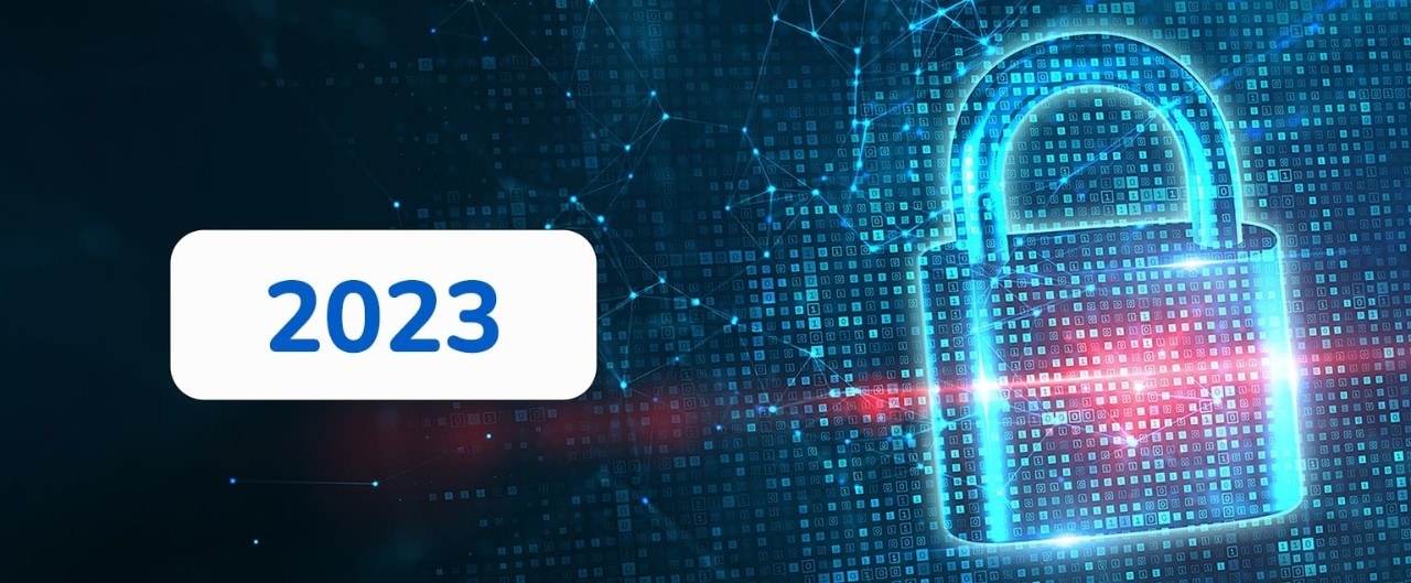 Illustration of digital padlock and code representing cybersecurity, labeled "2023"