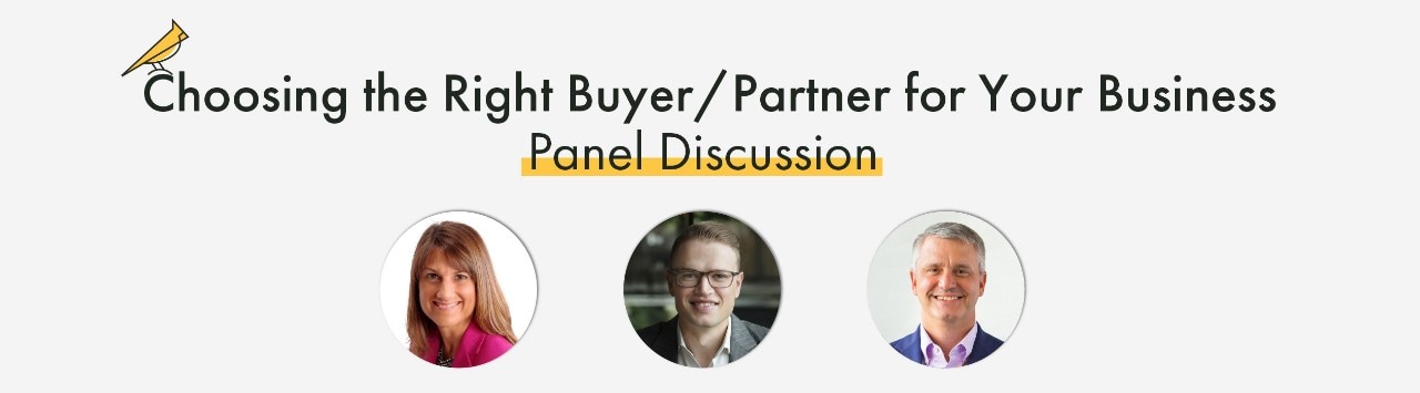 "Choosing the Right Buyer/Partner for Your Business Panel Discussion," with Beth Savage, Augie Pence, and Mike Mendenhall's headshots