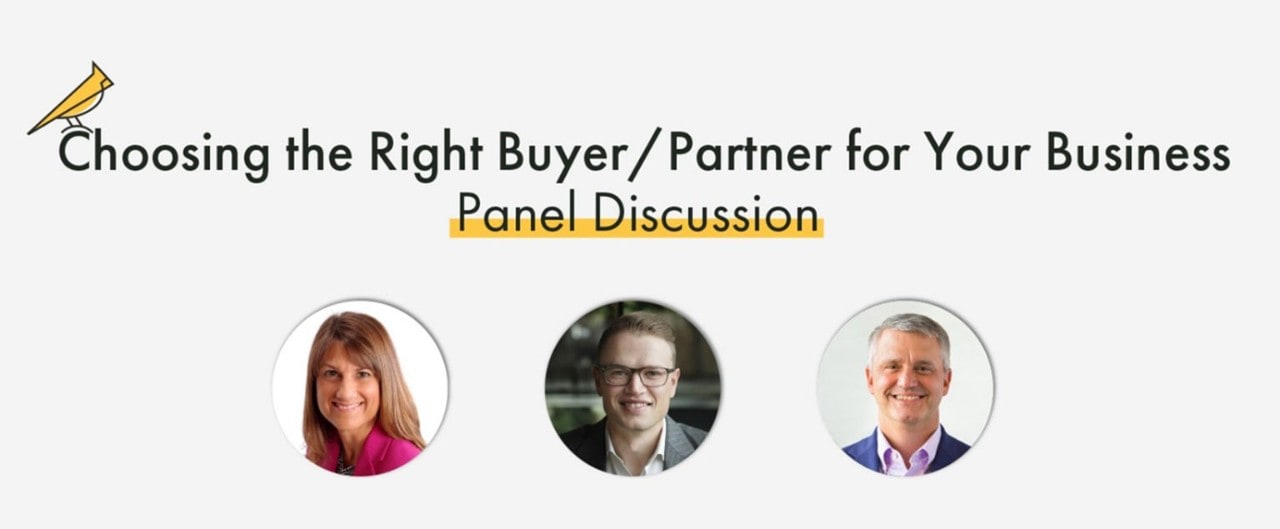 "Choosing the Right Buyer/Partner for Your Business Panel Discussion," with Beth Savage, Augie Pence, and Mike Mendenhall's headshots