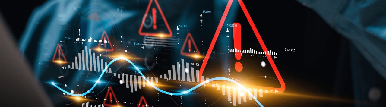 Digital cybersecurity-style graphic showing multiple red warning triangles with exclamation marks overlaid on data charts.