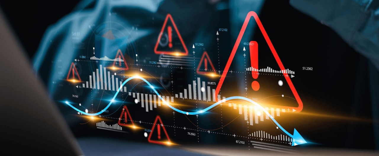 Digital cybersecurity-style graphic showing multiple red warning triangles with exclamation marks overlaid on data charts.