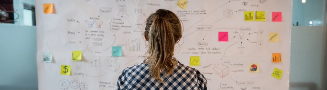 Female entrepreneur looking at white board with planning notes