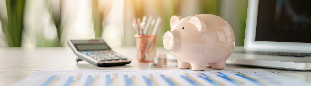 Desk with financial paperwork, calculator, pencil jar, stacks of coins and pale pink piggy bank.