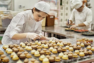 Female professional baker icing large order of cupcakes