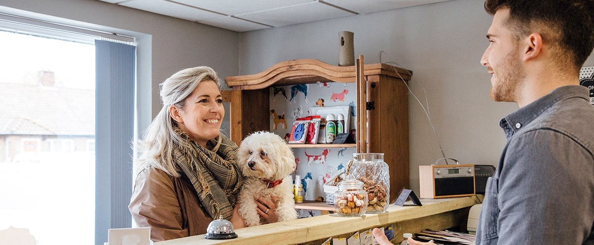 woman is talking to a dog groomer in the reception of his shop with her pet Shih Tzu in her arms