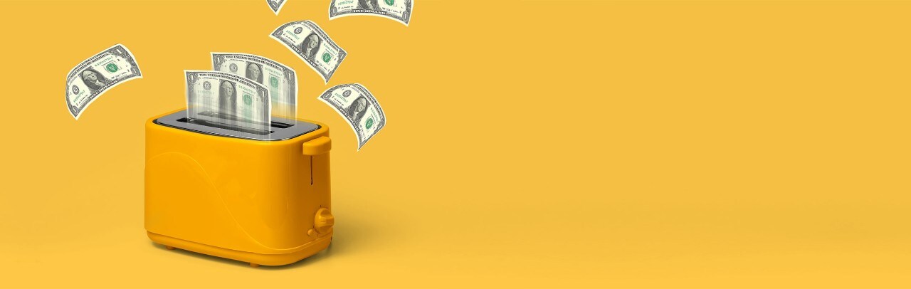 A yellow toaster ejecting $1 bills on a yellow background