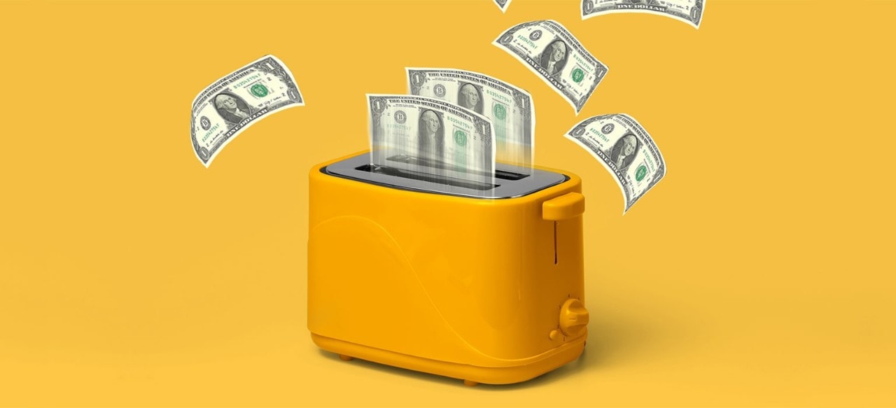 A yellow toaster ejecting $1 bills on a yellow background