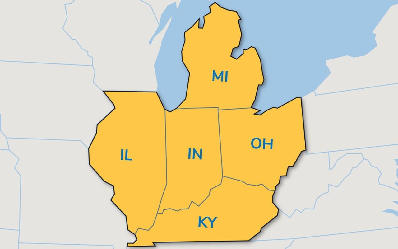 Illustrated regional map with OH, KY, IN, IL, and MI in the foreground