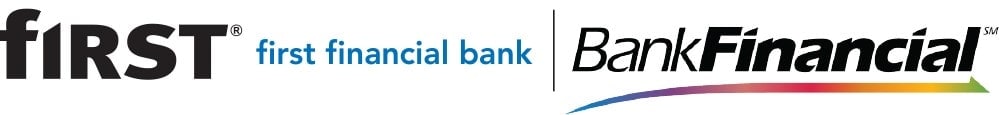 First Financial Bank logo and Bank Financial logo separated by a line