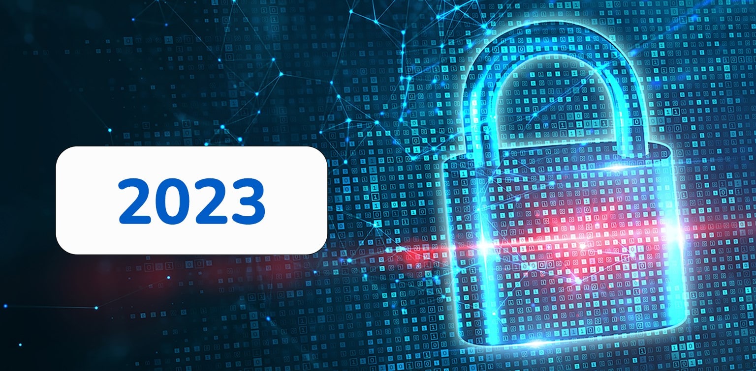 Illustration of digital padlock and code representing cybersecurity, labeled "2023"