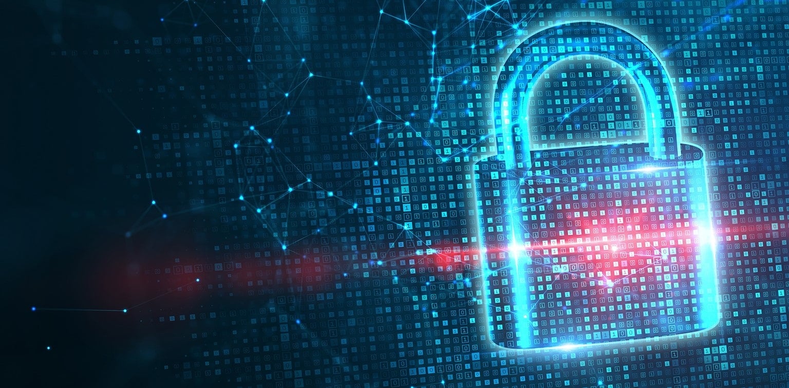 Illustration of digital padlock and code representing cybersecurity