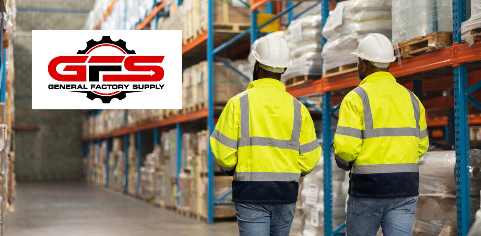 General Factory Supply logo superimposed on image of two workers wearing white hard hats and hi-visibility jackets in a warehouse