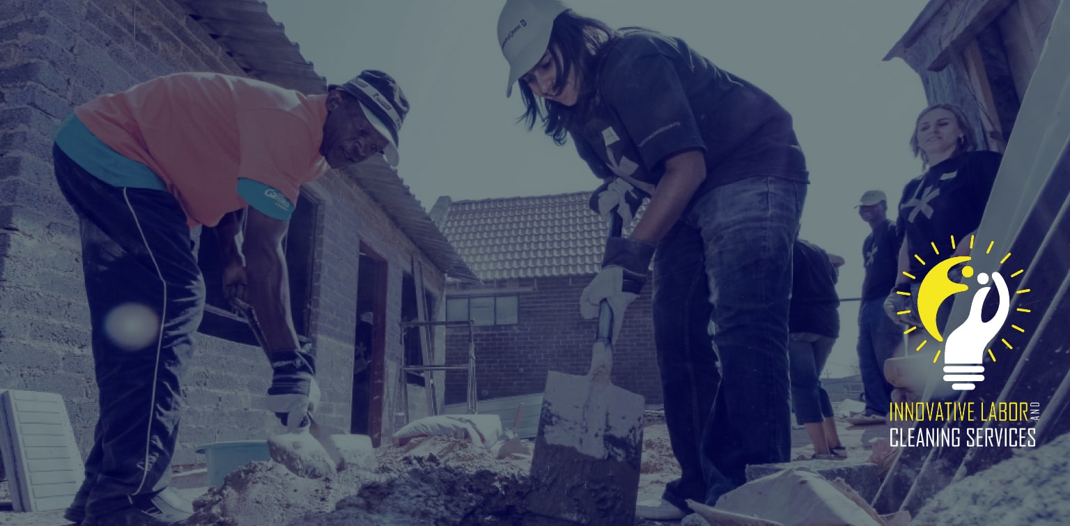 People doing construction work with Innovative Labor and Cleaning Services logo in foreground