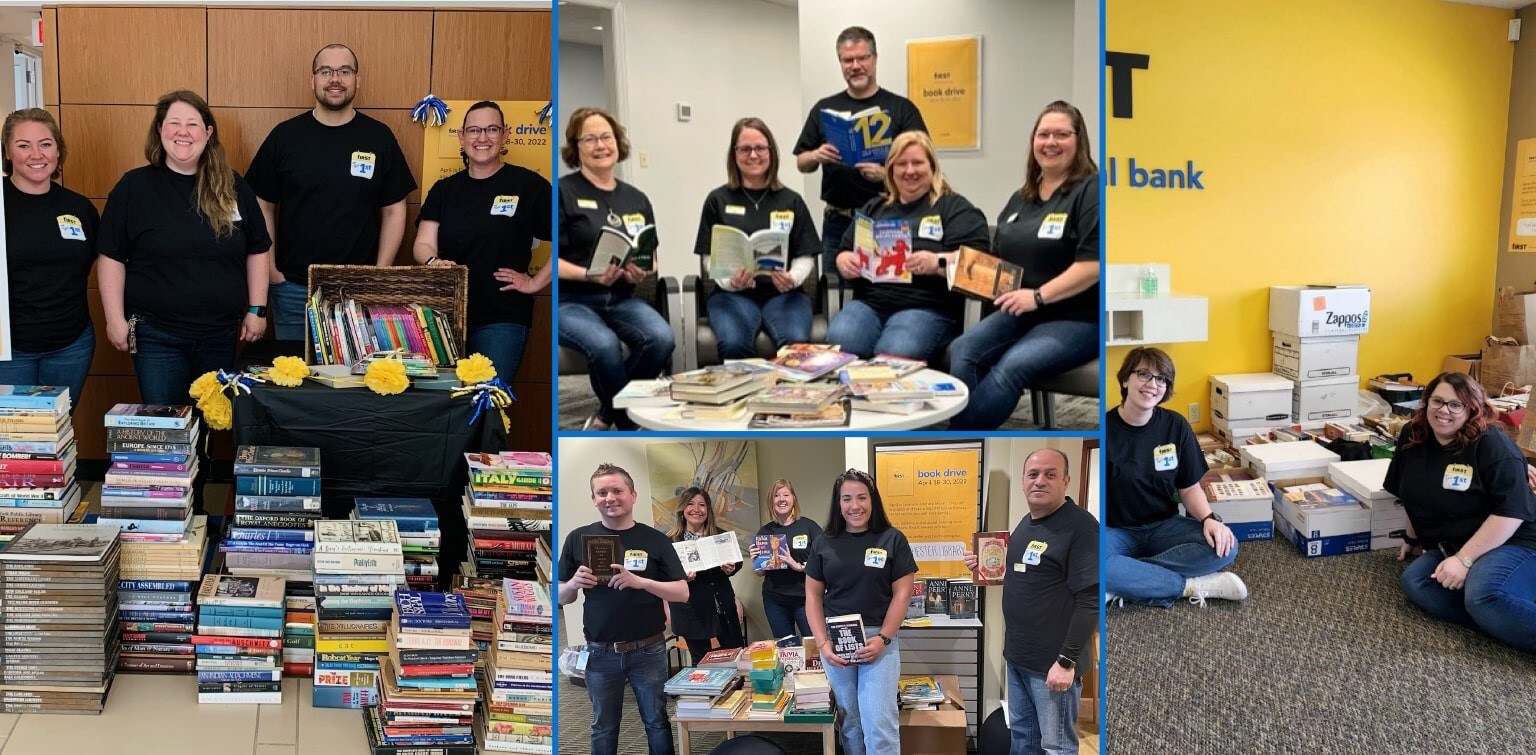 Collage of First Financial associates participating in book drive