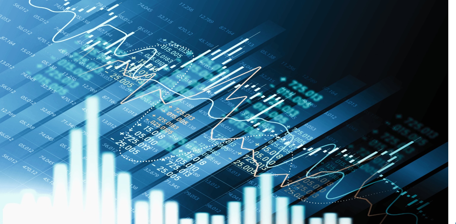 Blue digital stock market chart with financial data, candlestick graphs, and trend lines.