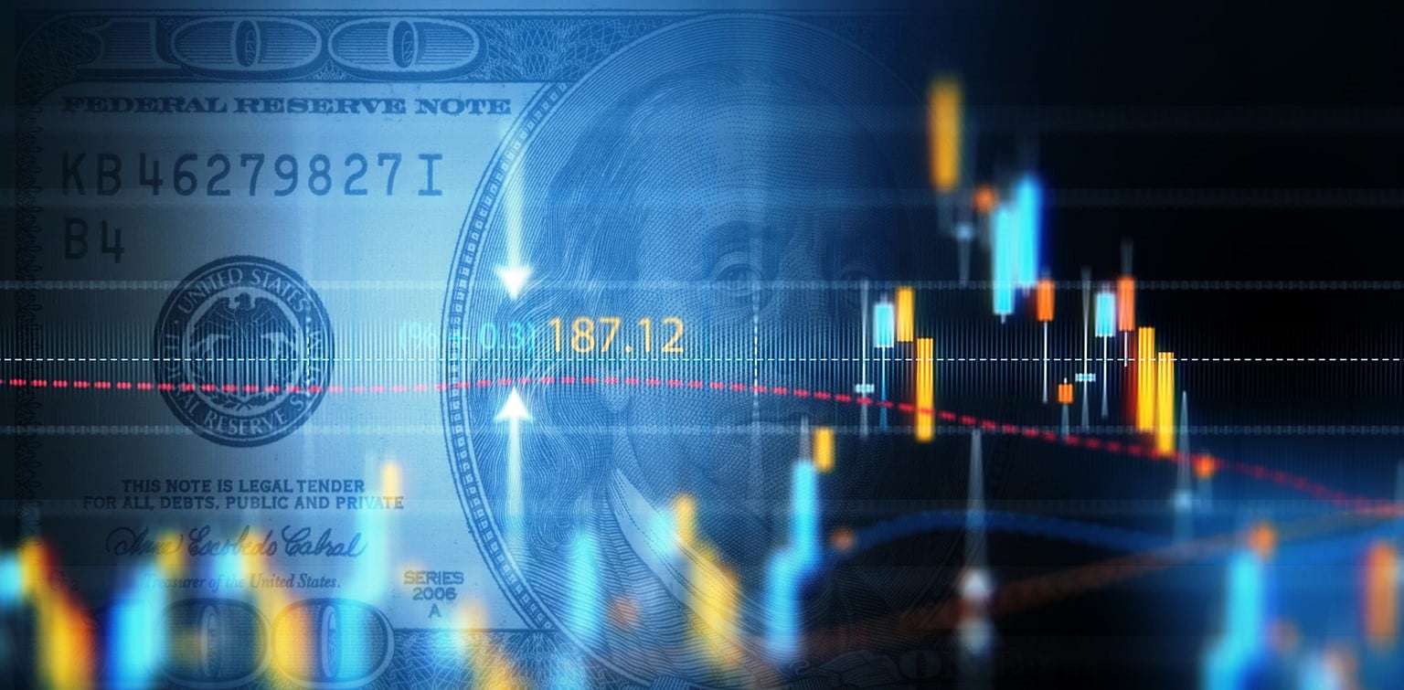 Financial data analysis graph showing market trends over one hundred American dollar bill on a digital display