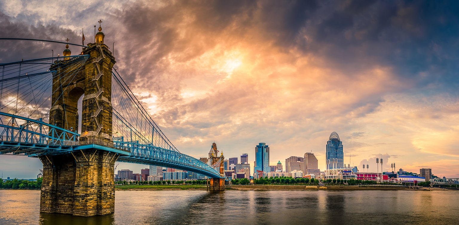 Cincinnati skyline with Roebling Suspension Bridge in the foreground