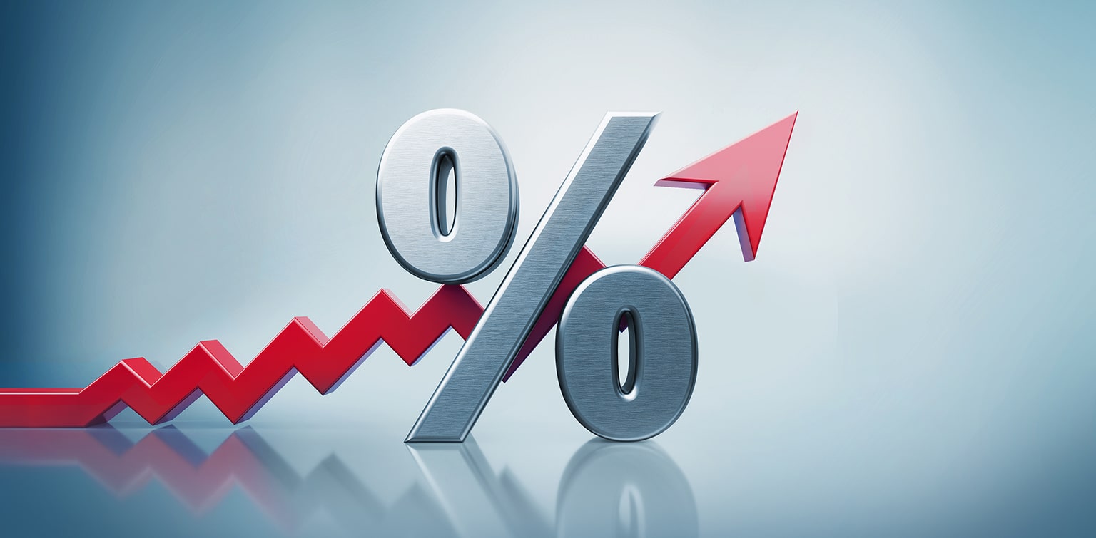 Upward-trending red arrow behind a percent sign