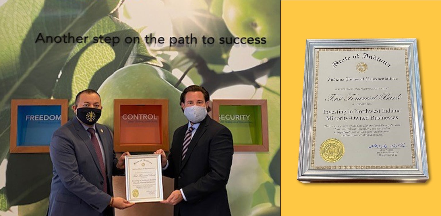 Collage of Indiana state representative Mike Andrade presenting certificate of recognition to Michael Schneider, FFB’s commercial market president for NW Indiana, alongside image of certificate
