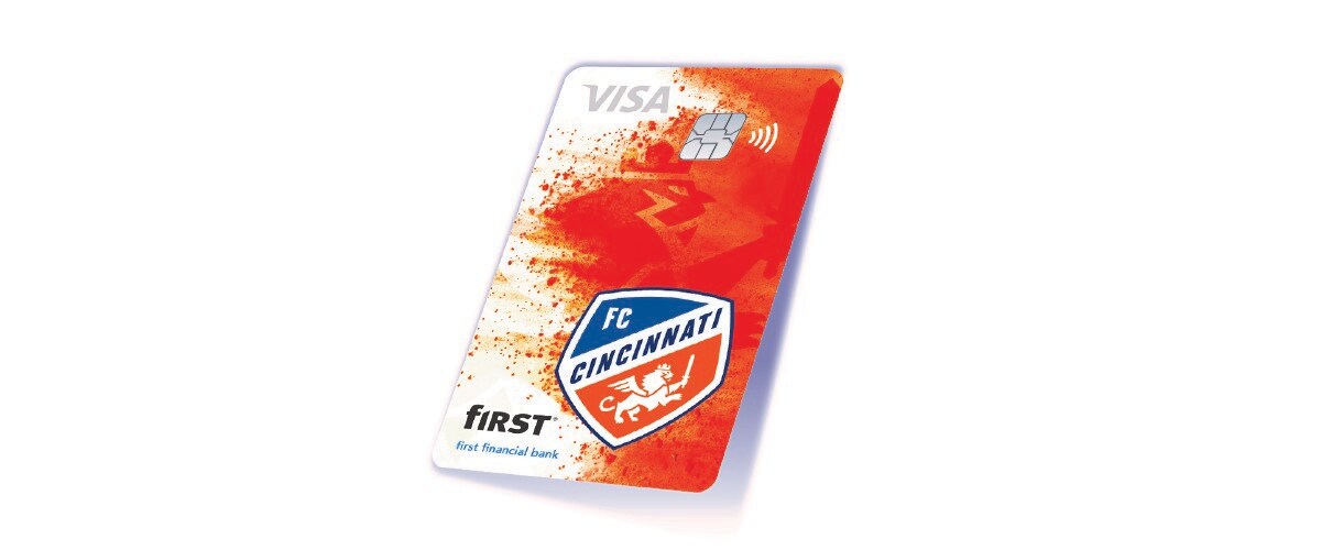 First Financial Bank FC Cincinnati credit card tilted on a white background