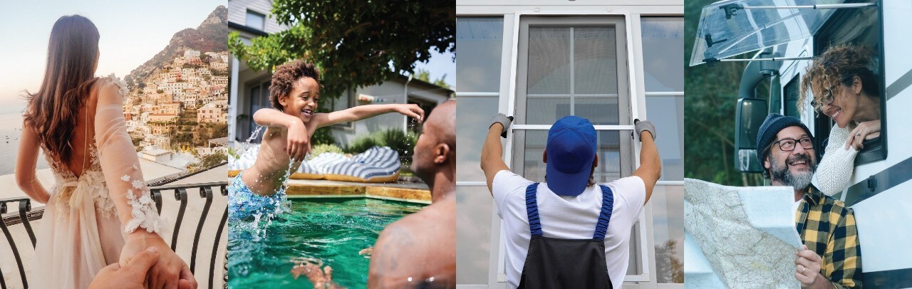 Woman's hands framing images of remodeled kitchen, new car, graduation, and new pool